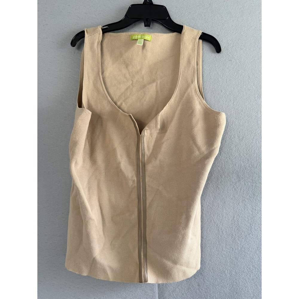Sigrid Olsen Tank Top Womens L Beige Zip Front Leather Trim Scoop Neck Knit